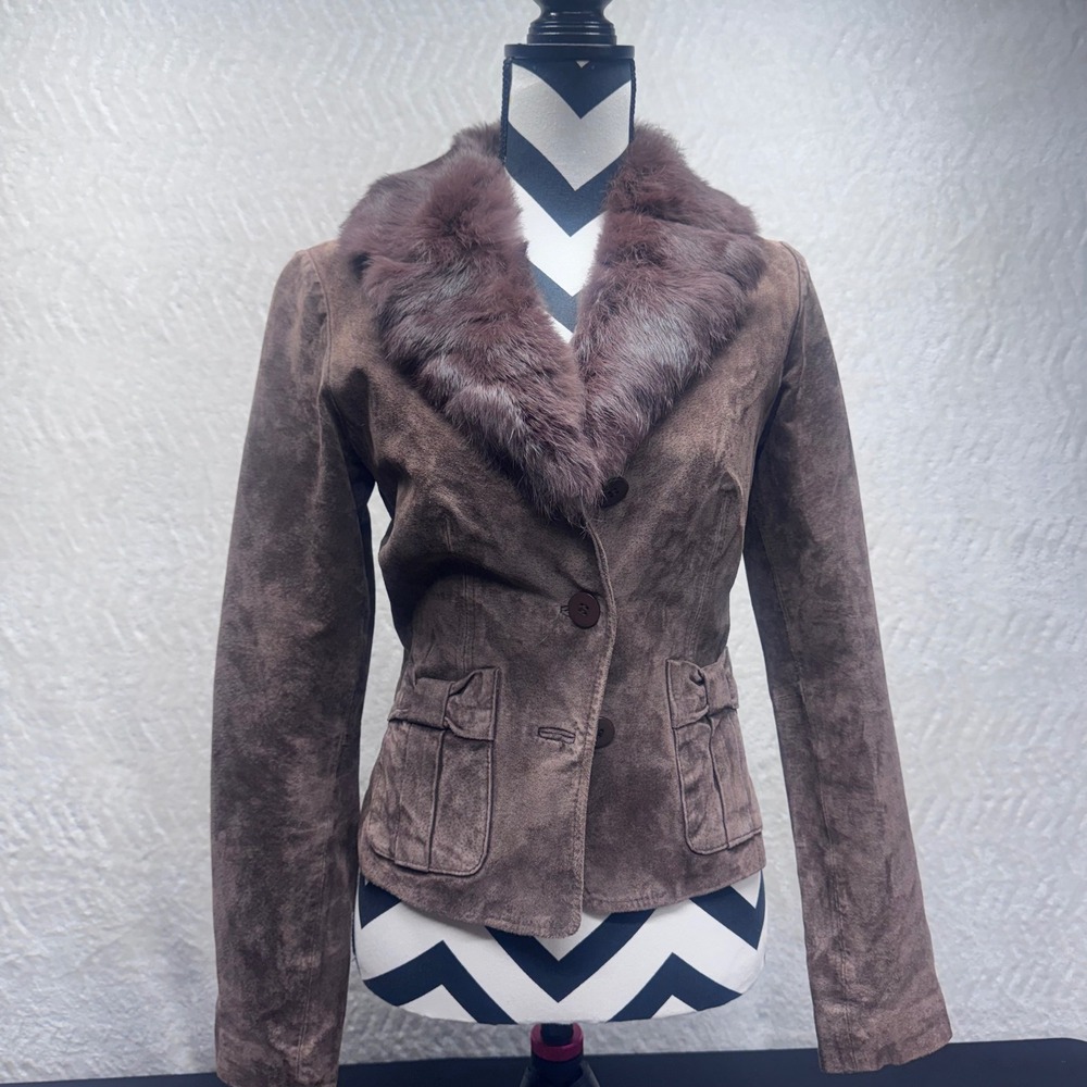 XOXO Brown Suede Leather Jacket Rabbit Fur Collar Trim Women Small